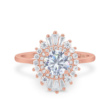 14K Rose Gold Art Deco Round Bridal Baguette Simulated CZ Wedding Engagement Ring Size-7